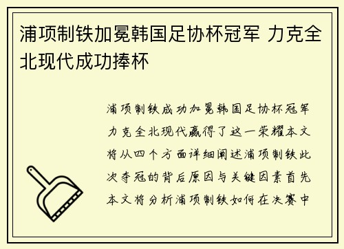 浦项制铁加冕韩国足协杯冠军 力克全北现代成功捧杯